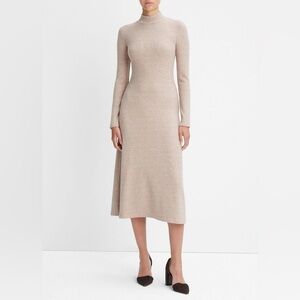 VINCE Beige Ribbed Long-Sleeve Mockneck Fitted Modest A-Line Stretch Dress Sz XL